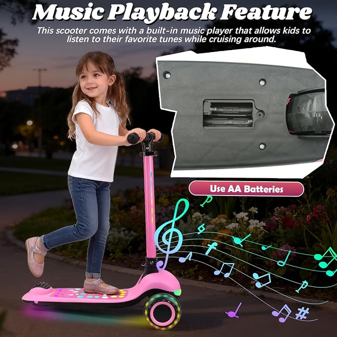 Light Up 3 Wheel Kick Scooter for Kids Toddlers with LED Sync Lights, Flashing Stem & Wide Polka Dot Deck Adjustable Height Music Function Safe Sturdy Folding Scooter for Kids