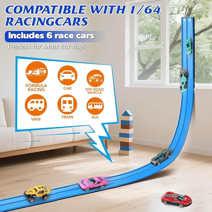 Gretex Flexible Race Track for Kids Ages 4-8: 15 Ft Flex Race Car Ramp Track With 6 Toy Cars Suction Cups, Portable DIY Racetrack Compatible With Diecast 1/64th Cars, Ideal Gift for Kids Toys Boys 3-5