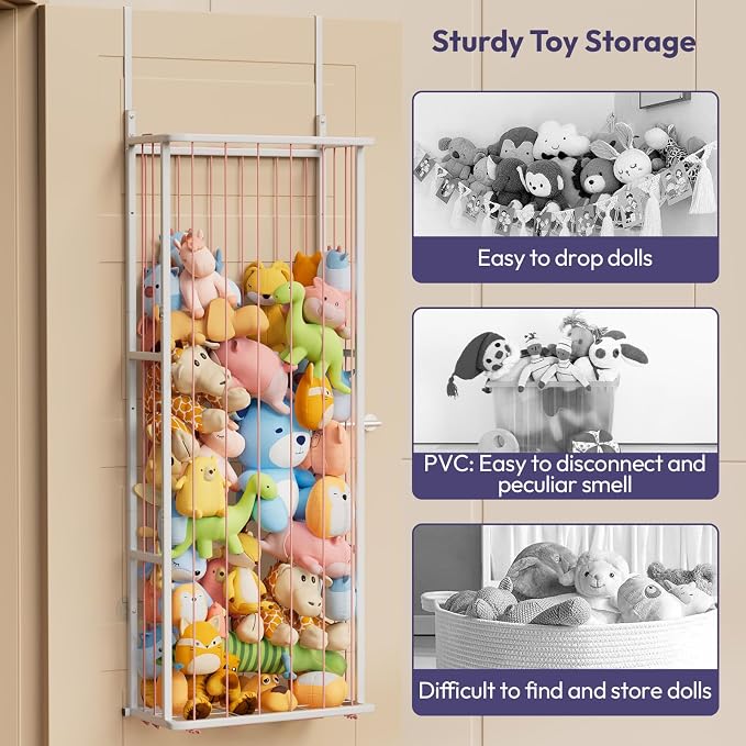 SWTYMIKI Hanging Stuffed Animal Storage - Over Door Large Plush Toy Organizer, Wall Mounted or Corner Stuffie Storage for Nursery, Doll & Bear Plush Organizer for Kid Room Bedroom (Pink, 3-Tier)