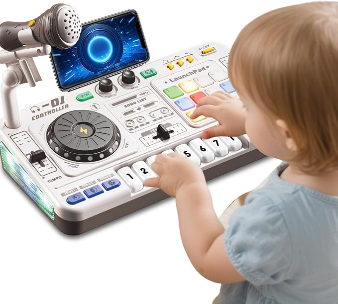 Tsomtto Kids DJ Mixer Controller Table Musical Toy Electronic Toy with LED Lights Sound Effect Microphone Piano, DJ Mixer Table Music Toys Birthday Gift Toys for 3 4 5 6 Year Old Boy Girl