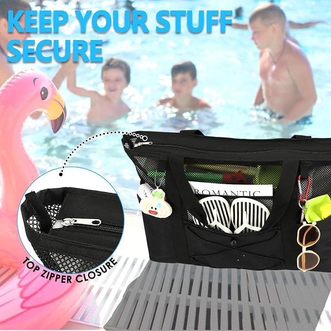 Fammart Mesh Beach Bag for Women, Large Beach Toy Pool Bag with Zipper Pocket, SandProof Cruise Essentials 2026 Family Travel