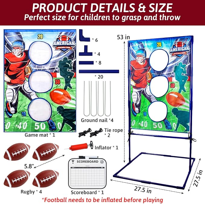 Punieayi Football Toss Game with 4 Inflatable Balls, Football Throwing Target Games for Boys 8-12, Sports and Outdoors Toys for Kids Ages 3+