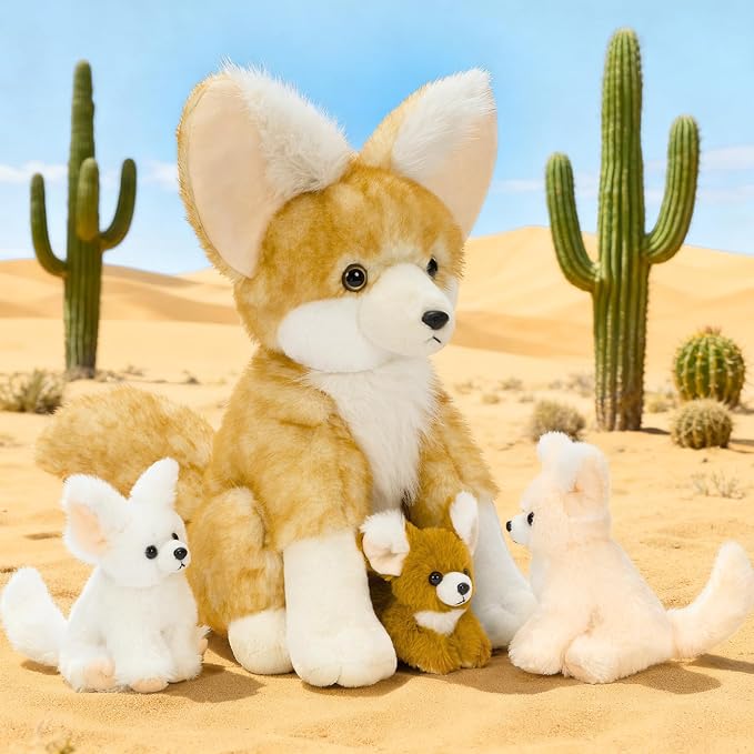 4Pcs Fennec Fox Plush Toy, Cute Soft Mother Fox Stuffed Animal with 3 Fennce Fox Babies, 17.4" Giant Zoo Animal Plushies for Kids, Huggable Stuffed Wild Animal Gift for Christmas Birthday