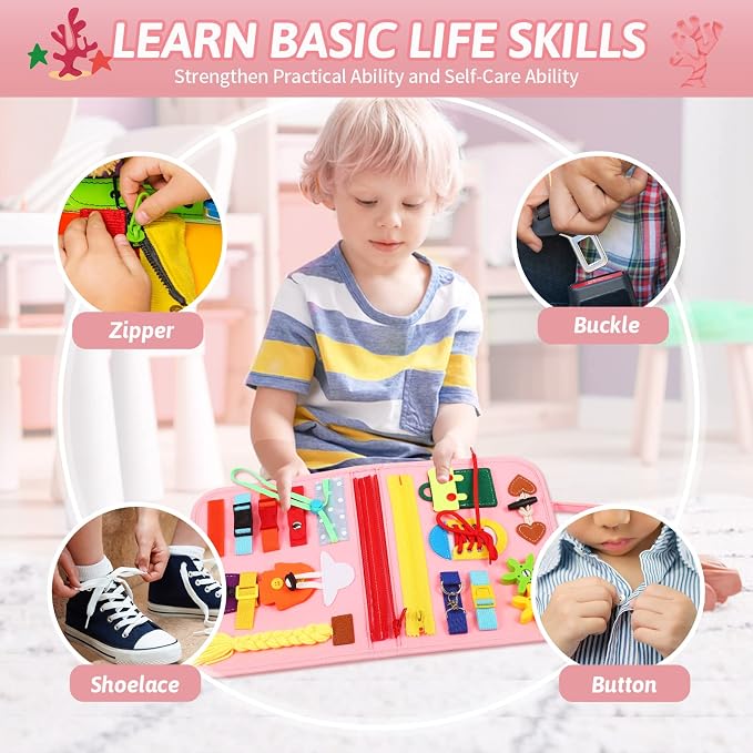 Quiet Flower 8 in 1 Busy Board Montessori Toys - Pink Sensory Busy Book & Activity Book for Basic Motor Skills, Educational Airplane Toys & Travel Essentials for Kids, Birthday Gift for Girl
