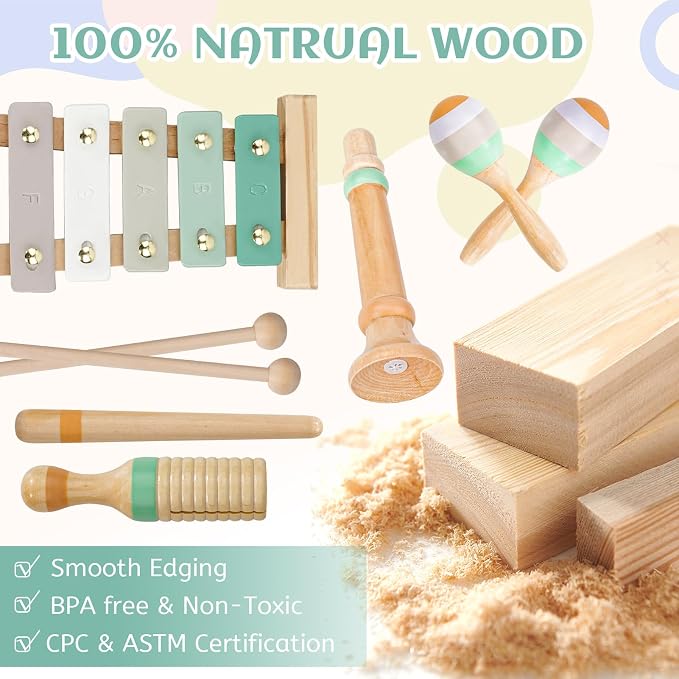 Raimy Kids Musical Instruments Set, Neutral Colors Wooden Montessori Toys | Percussion Instruments Set with Modern Boho Xylophone | Birthday Gifts for Baby Toddlers Boys Girls with Storage Bag