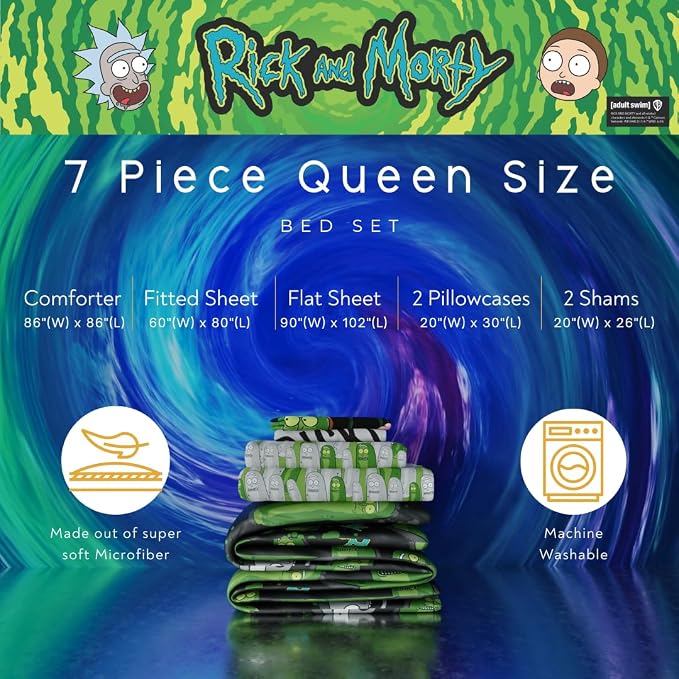 Rick & Morty Bedding 7 Piece Super Soft Cozy Reversible Comforter and Sheet Set with Sham, Queen, (Officially Licensed Product) By Franco