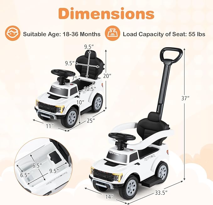 Costzon Ride On Push Car for Toddlers, 3-in-1 Ford Licensed Sliding Car w/Handle, Guardrail, Horn, Engine Sound, LED Lights, Under Seat Storage, Foot-to-Floor Kids Ride On Toys for Boys Girls (White)