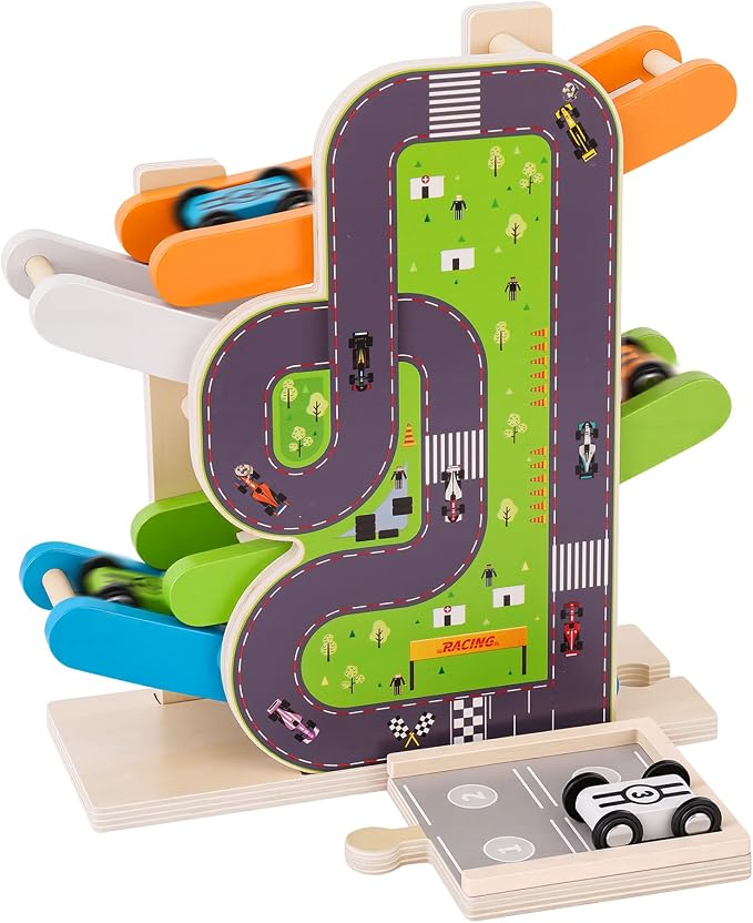 Busy edition Car Ramp Toys for 1 Year Old Boy Gifts, Montessori Toys for 1 Year Old, Wooden Race Car Track for Toddlers 1-3, Toy Cars Ramp with 4 Mini Cars & Parking Lots, 1st Birthday Gifts Boy