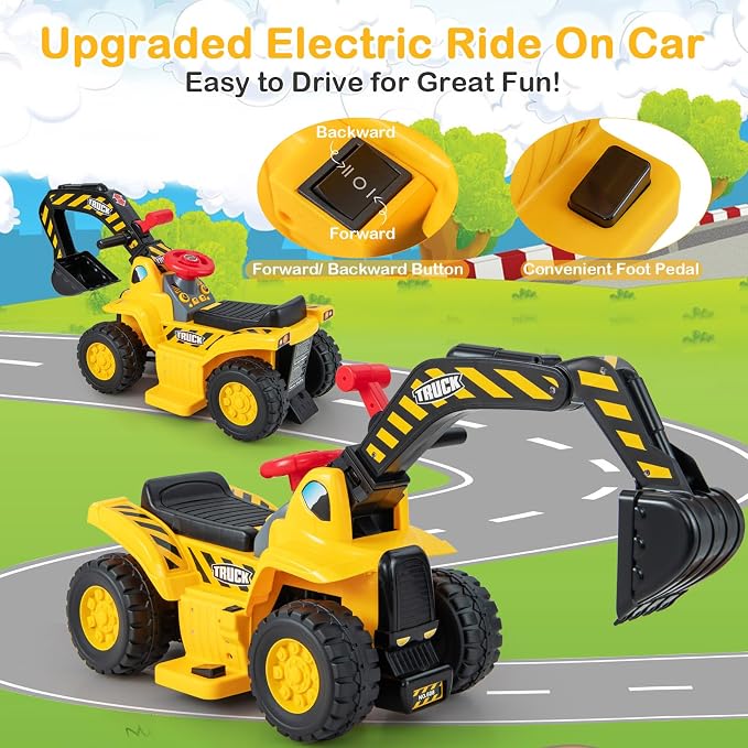 HONEY JOY Electric Ride on Push Car, Toddler Bulldozer Digger w/Balls & Basketball Hoop, Outdoor Digging Scoop, Flexible Bucket, 6V Ride on Excavator Construction Vehicle for Kids