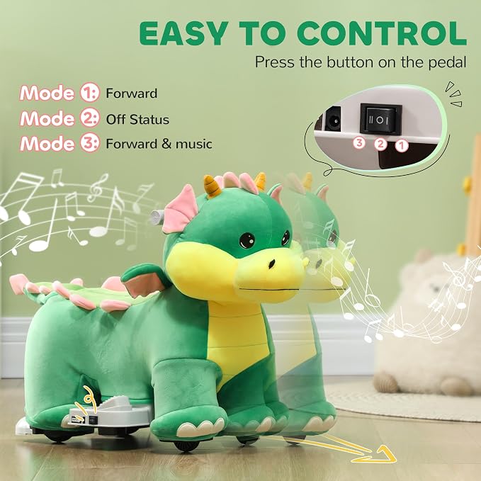 Qaba 6V Kids Ride on Horse, Battery Powered Ride on Toy, Triceratops Shaped Electric Riding Animal with Music, Soft Touch, PU Wheels, Foot Pedal, Forward, for Girls Boys Aged 18-36 Months, Green