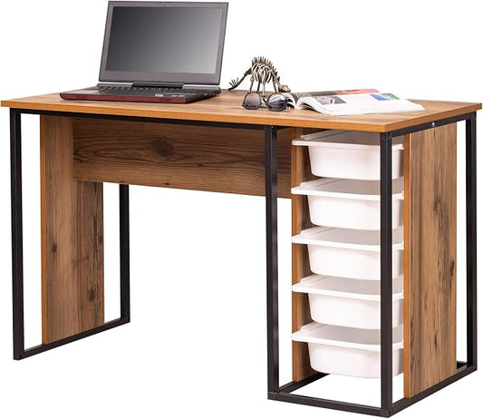 Desk with Drawers, Puzzle Table, Hobby & Activity Desk, Space-Saving Do-it-Yourself Desk, Small Modern Office Desk, Simple Pc Table with Bins (Rustic Brown)