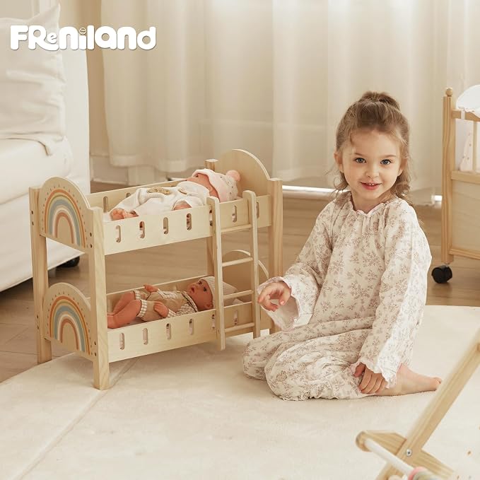 Freniland Wooden Doll Bunk Bed with Ladder & Bedding – Two-Level Doll Bed Includes 2 Mattresses & 2 Pillows, Pretend Play Furniture for 18 Inch Dolls