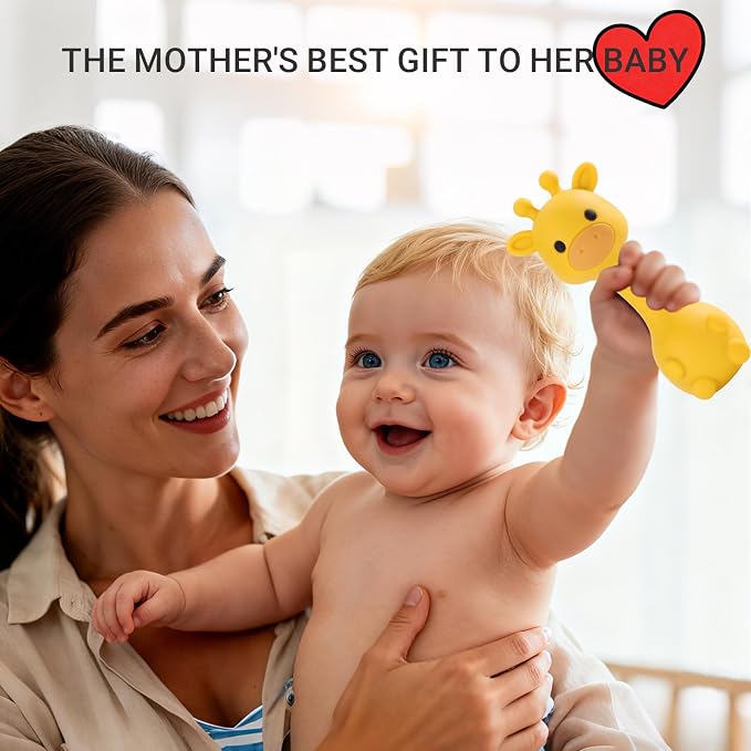 Giraffe Silicone Baby Teether Rattle Toy for 0-6 6-12 Months, BPA-Free Infant Teething Toy with Rattle Sound, Easy-Grip Design for Teething Relief (Mango)