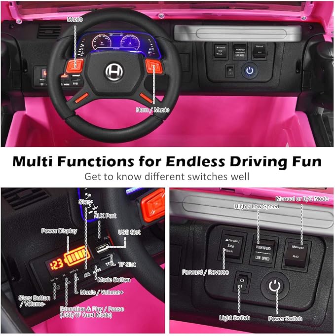 Costzon 2-Seater Ride on Truck, 12V Battery Powered Electric Vehicle Toy w/Storage, Remote Control, 3 Speed, LED Lights, MP3, Horn, Music, 2 Doors Open, Spring Suspension, Ride on Car for Kids (Pink)