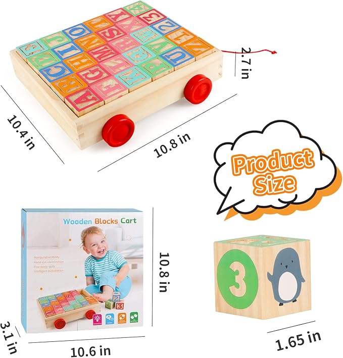 Wooden Building Blocks for Toddlers, Large Wood Baby Stacking Blocks Set for Kids, 30 PCS Alphabet Blocks with Toy Wagon, Educational Wooden Toys for Boys Girls Gifts 1.65"