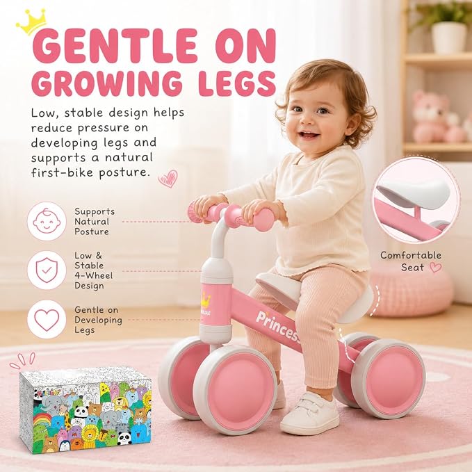 BEKILOLE 1 Year Old Girl Gifts Baby Balance Bike 1st Birthday Girl Gift with LED Light Up Wheels for 12-24 Months Toddlers - ASTM Certified 2-Minute Assembly Pink First Ride On Training Toy