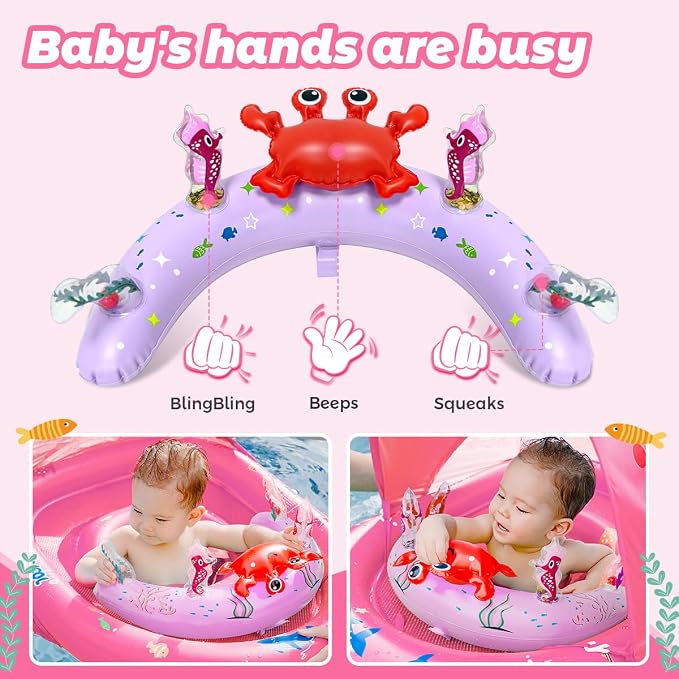 LAYCOL Baby Pool Float with Canopy UPF50+, 120°Adjustable Sun Protection and Anti-Tip Safety Seat, Inflatable Toddler Floaties Infant Pool Float with Animal Pool Toys, Baby Beach Essentials for 6-36M