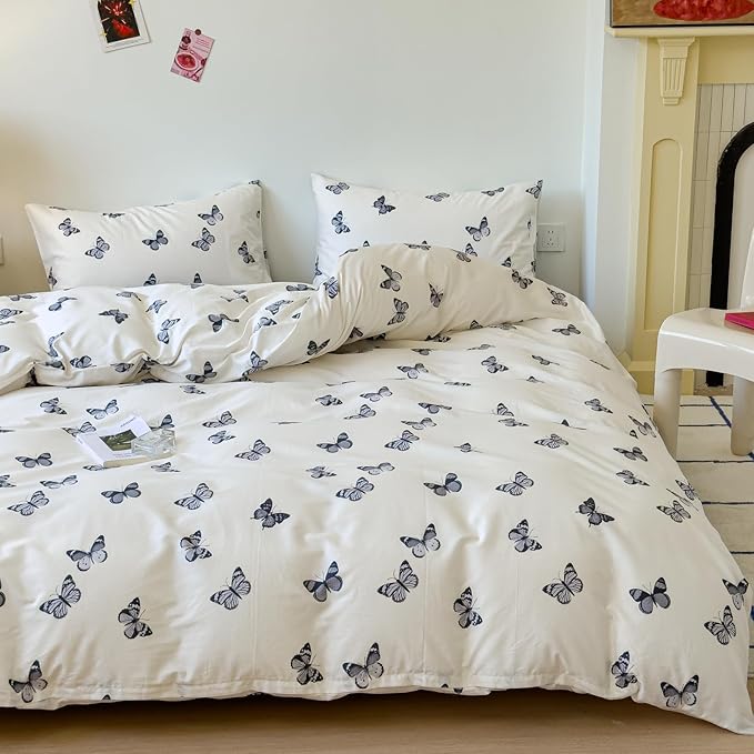 LIWHENHAO Butterfly Duvet Cover Set Queen 100% Cotton Bedding Cartoon Black Butterflies Print on Cream White 1 Kawaii Cute Animal Comforter Cover Full 2 Pillowcases for Kids Girls Boys Woman