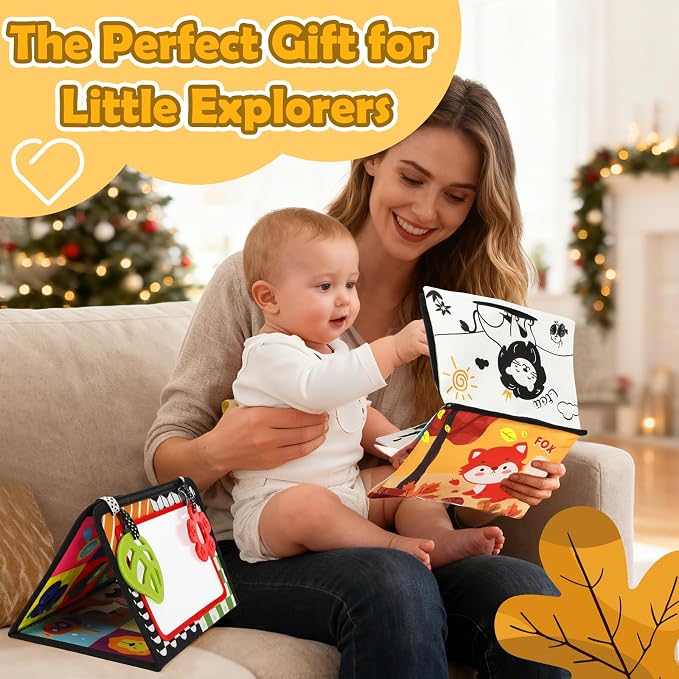 BBWOO Tummy Time Toys, Black and White High Contrast Baby Toys for Newborn, Baby Visual Stimulation Mirror, Montessori Crinkle Book for Infant 0-3-6-12 Months, Boy Girl Shower Gift