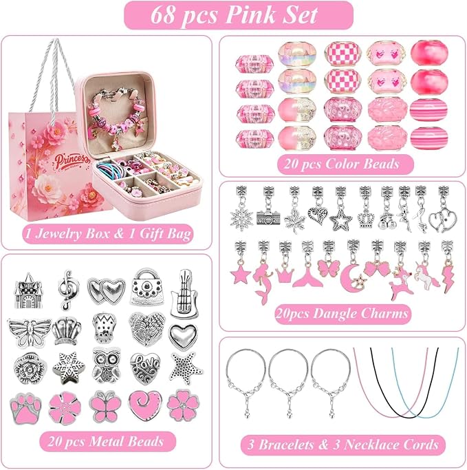 ONADEBY Charm Bracelet Making Kit - Pink DIY Jewelry Making Kit for Girls, Friendship Bracelet Kit with Portable Jewelry Box Bag Packing for Birthday Christmas New Years Mother's Day Craft Gifts