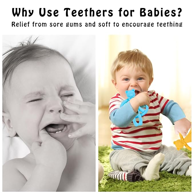 2 Pack Baby Teething Toys for 0-6 6-12 Months, Silicone Baby Bear Teether, Easy to Grip Teether for Babies Infants Boys Girls, BPA Free, Blue and Yellow