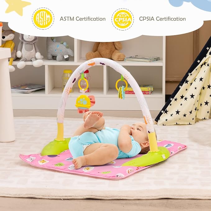 HONEY JOY Baby Bouncer Activity Center, 3-Stage Bouncing Activity Saucer & Playtime Mat & Activity Table, Toy-Bar, 3 Adjustable Heights, Foldable Activity Center for Infants & Toddlers(Pink)
