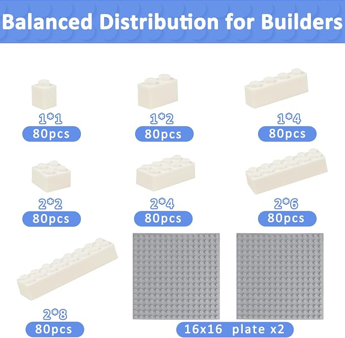 Cabeeskii 560 Pieces White Classic Building Blocks Bulk with 2 Base Plates, Building Bricks in 7 Size, Compatible with All Major Bricks, for Kids & MOC Lovers