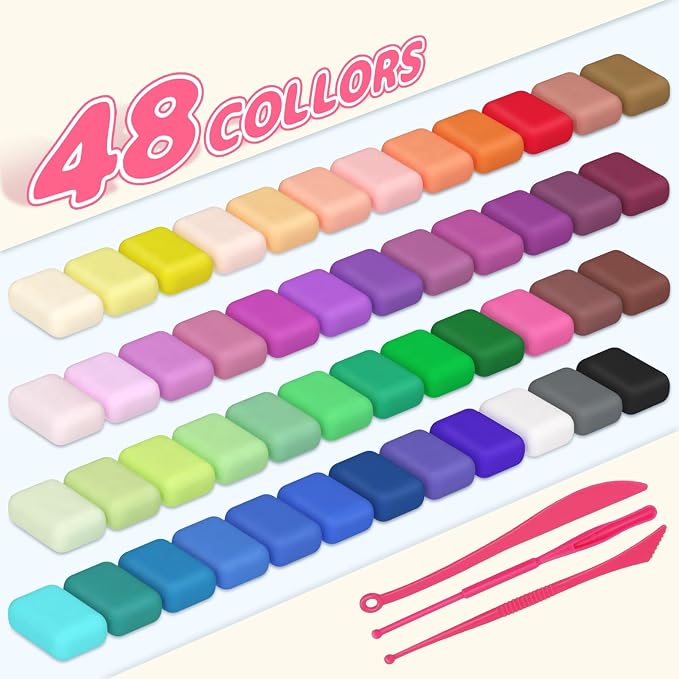 Air Dry Clay 48 Colors，Modeling Clay for Kids, with 3 Sculpting Tools and 6 Sheets Dinosaur Stickers, Safe & Non-Toxic, DIY Molding Clay Gift for Boys and Girls