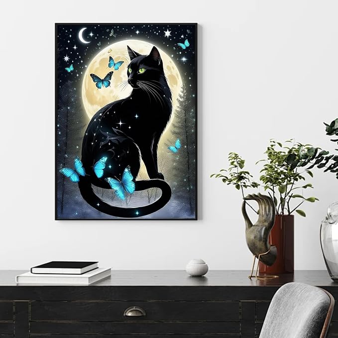 RYMILIE Cat Diamond Art Kits for Adults-Full Moon Diamond Painting Kits for Adults Beginners, 5D DIY Full Drill Round Rhinestone Gem Art Crafts Paintings for Home Wall Decor 12"x16"