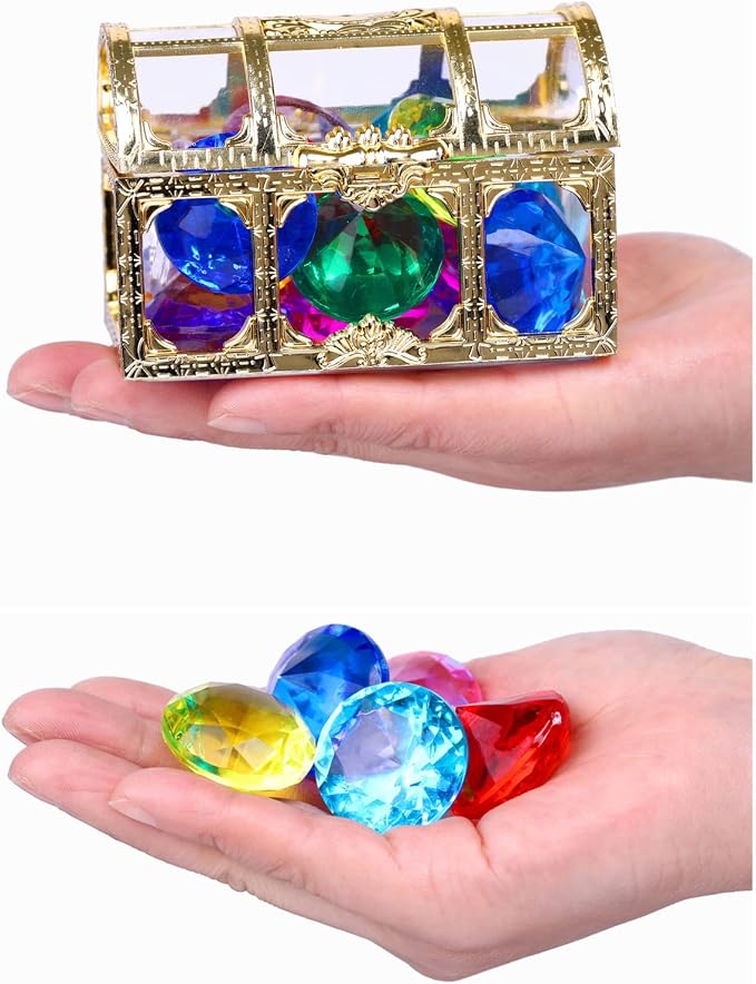 XIJUAN Diving gem Pool Toys Sand Toys,14 Color Diamond Treasure Chest Summer Swimming gems Pirate Diving Toy Set Underwater Swimming toyChildren's Game Gifts for Boys and Girls(Golden)