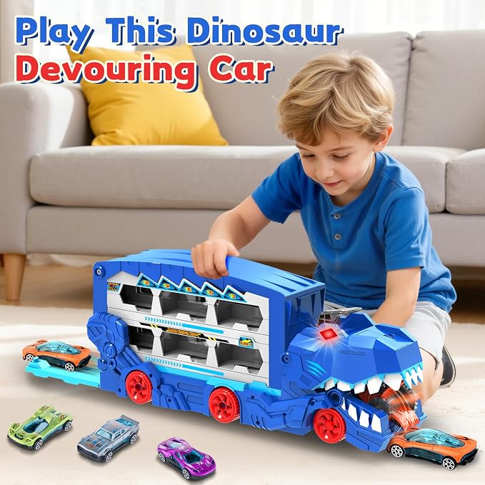 Dinosaur Transport Car Race Track Toy Set for Kids - Monster Carrier Truck Toys for Age 3 4 5 6 7 8 9 10 11 12 Years Old Boy Christmas Birthday Gifts with Die-Cast Metal Toy Cars, Light & Sound