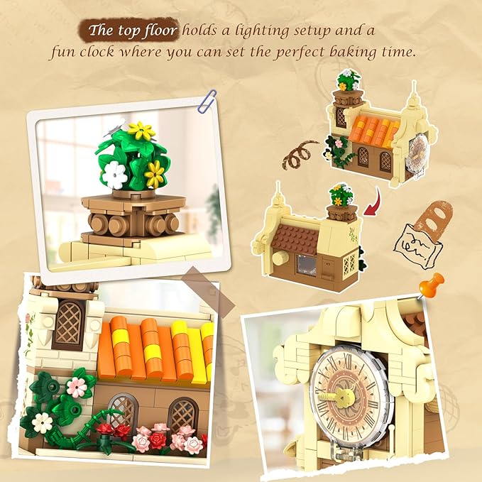 INSOON City Bakery Cafe House Building Set with Light, 1289 PCS Baking Shop Building Block Toy with Coffee Cake Bread Bakery Room, Pastry Construction Model for Adults Teens Kids Boys Girls Ages 8-12+