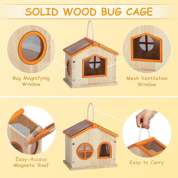 SainSmart Jr. Bug Catcher for Kids - Wooden Bug Habitat with Magnified Viewer, Butterfly Net, Observation Box, Tweezers & 15 Cards, Outdoor Toys & STEM Toys for Boys & Girls Ages 3+, Orange
