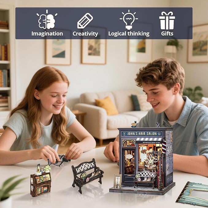 Cutefun Book Nook Kit - DIY Miniature Coffee Shop Dollhouse Kit for Adults and Teens, 3D Wooden Puzzle Bookshelf Insert Decor with LED Light, Gifts for Book Lovers and Beginners (John's Hair Salon)