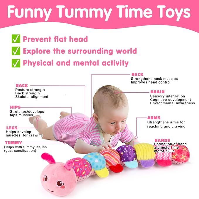 Baby Tummy Time Toy 0-6 Month Musical Stuffed Animal Plush Caterpillar Toy for Infant 6-12 Month Teething Sensory Toy with Crinkle Rattle for Babies 0-3-6 Month Newborn Toys for Boy Girl Birthday Gift
