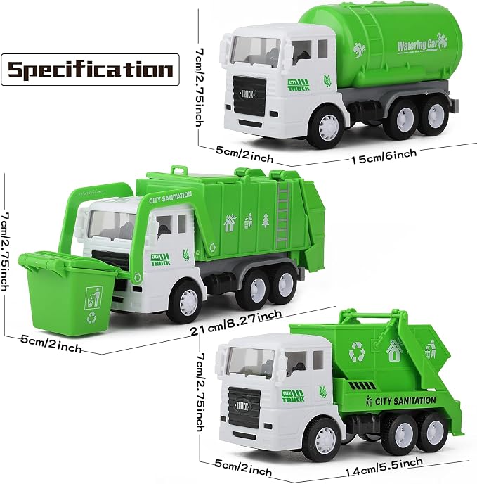 Garbage Truck Toy, 3 Pack Friction Powered Waste Management Garbage Truck Game with Front Load Dumpster, Back Dump Garbage,4 Trash Bins with 108 pcs Trash Cards, Gift for 3+ Years Old Kids