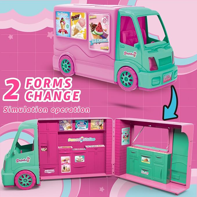Dollhouse Ice Cream Truck Playset for Girls - Kids Kitchen Pretend Play Food Dessert Truck Toy with Doll, Table, Chairs & Accessories - Birthday Gift for 3 4 5 6 7 8 Year Old Toddler Children