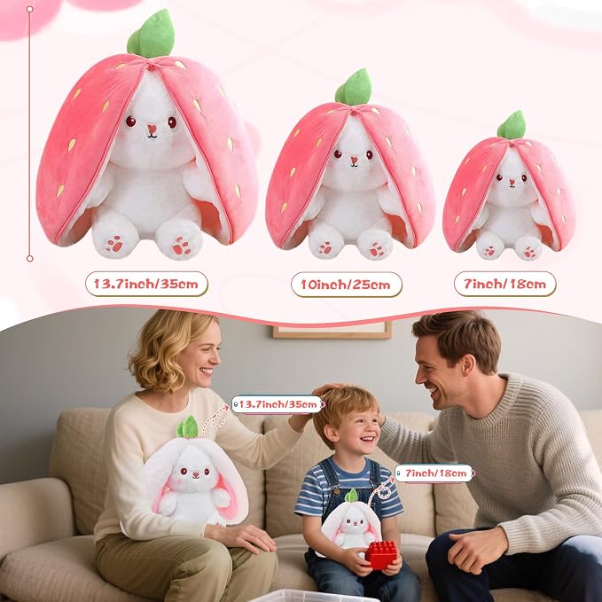 MIAODAM 13.7in Large Easter Bunny Stuffed Animal, Kawaii Squishy Cute Easter Bunny Plush Turn Into Rabbit Fruit Doll Strawberry, Christmas Plushies Funny Bunny Toy for Kid Gift for Girlfriend
