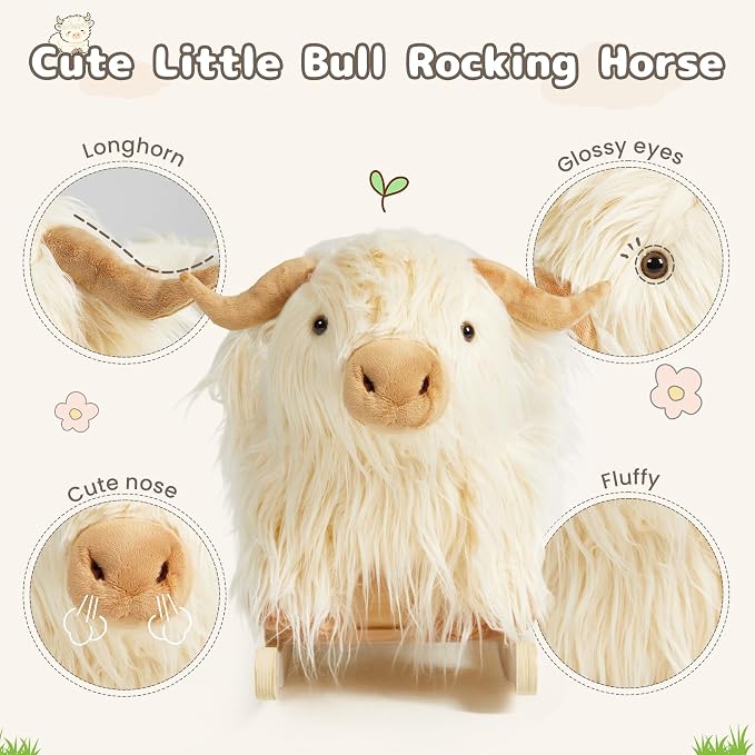 Baby Rocking Horse,Highlander Cattle Rocking Toy for 1+ Year Old Boys and Girls Rocking Horse for Kids Room Nursery Birthday Party Shower Gift Wood Animal Rocker French Design 3-Side Seat PP Cotton