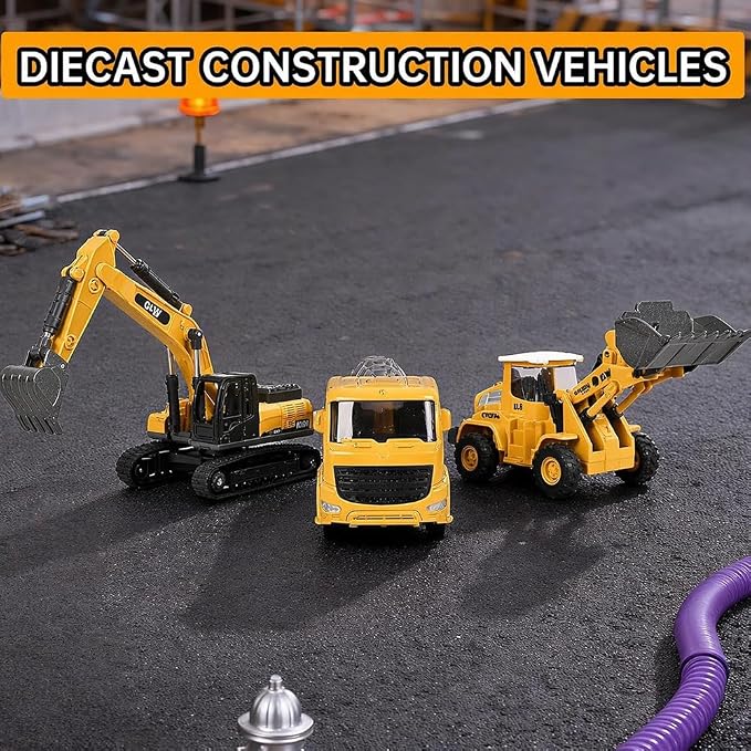 Alloy Mini Construction Vehicles, 3Pcs Die-cast Metal Toy Set with Pull Back Action - Excavator, Dump Truck, Bulldozer for Toddlers & Kids 3 4 5 6 7 Years Old Boys Toys