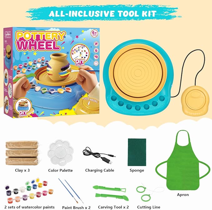 Pottery Wheel for Kids with Complete Clay Kit,Beginner Pottery Painting Set with Air Dry Clay,12 Paints,Sculpting Tools,Apron and Guide,Arts and Crafts Christmas Birthday Gift for Girls Boys Ages 6-12
