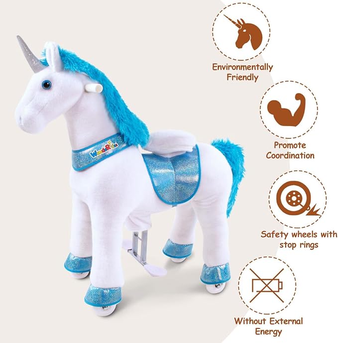WondeRides Ride on Horse Pony Unicorn Riding Horse Toys Pony Rider Rocking Horse, 30.1 inch Height Plush Walking Animal Mechanical Rocking Horse with Wheels (Blue-White, Size 3 for Age 3-5) M331-1