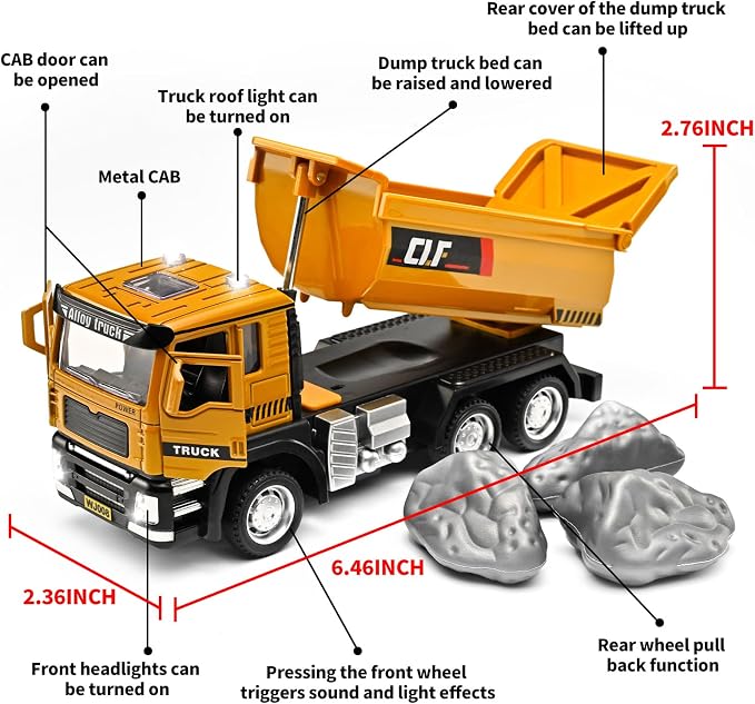 Dump Truck Toys for Boys 3-5 Year Old,Dump Truck Toy Metal Diecast Cab,Pull Back Toy Dump Trucks Construction Vehicles with Lights and Sounds,Construction Trucks for Kids 3 Year and UP