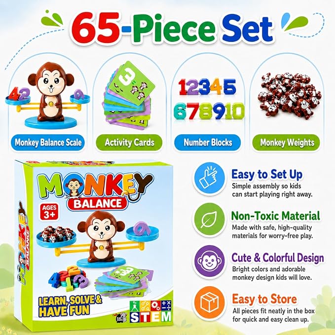 CozyBomB™ Monkey Scale Balance Counting Toys Math Games STEM Preschool Educational Toys for 3 4 5 Year olds Math Educational Kindergarten Number Learning Games Gifts for Boy Girl Birthdays Christmas