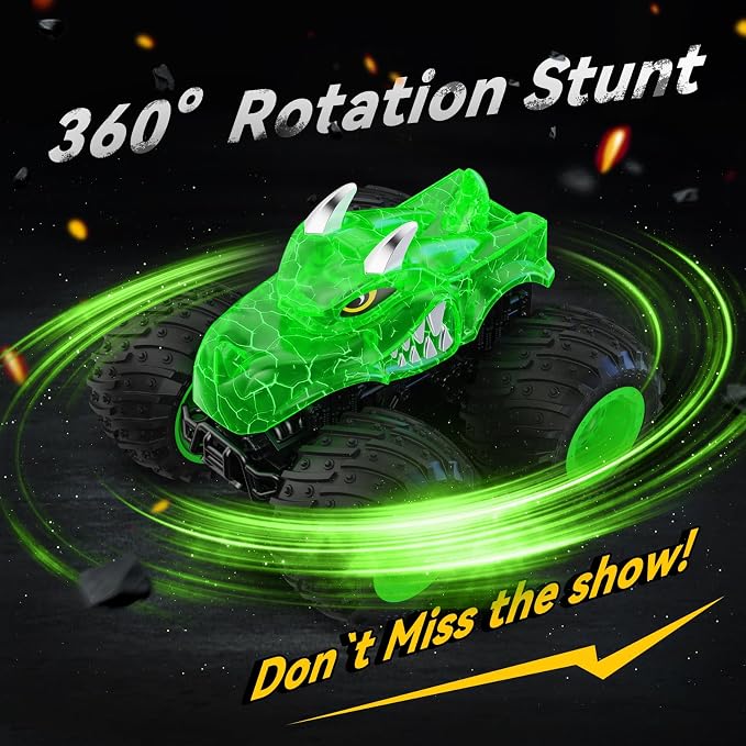 AUUGUU Remote Control Car, 2.4GHz Monster Trucks Toys with Light Spray, Birthday Gift for Kids 3 4 5 6 7 8, All Terrain RC Cars, Toddler Toys for Boys Girls 3+ Year Old (Dinosaur-Green)