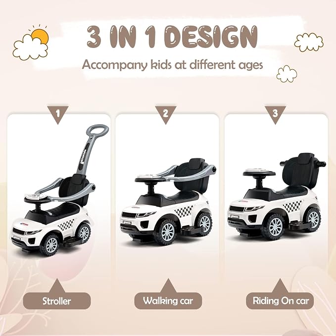 OLAKIDS 4 in 1 Ride on Push Car, Toddlers Stroller Sliding Walking Toy with Horn, Music, Lights, Removable Guardrails Handle, Underneath Storage, Foot-to-Floor Walker for Boys Girls (Ivory White)