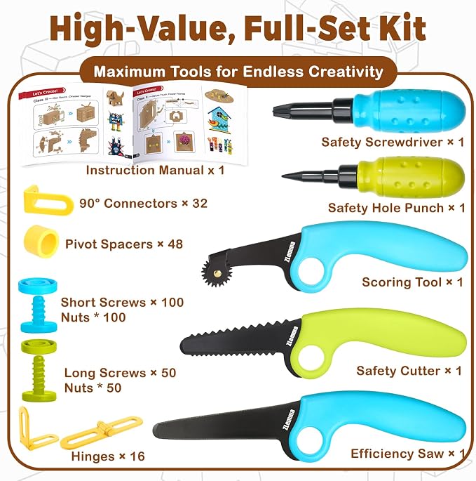 Cardboard Construction Kit - 401 PCS Kids Building Set with Safe Serrated Cutter, Crease Roller, Screws & Nuts, STEM Upcycled Tool for DIY Cardboard Projects, Engineering & Creativity