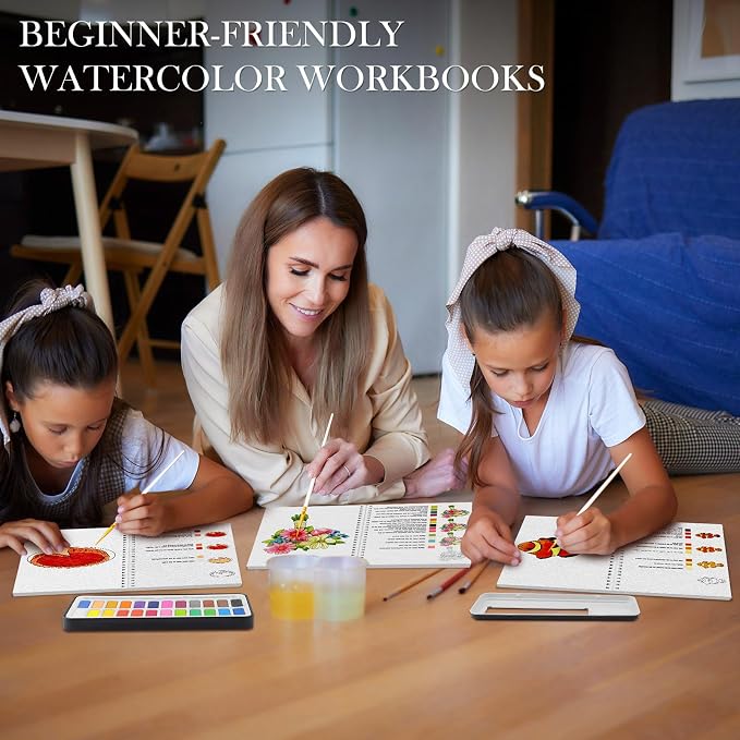 3Pcs Watercolor Workbook Paint Book Beginner Friendly Painting Kit, 36 Pages Workbooks with 24 Paint Colors & Brush for Beginners, Stress-Relieving Gift for Women Adults (Kitchen&Animals&Flower)