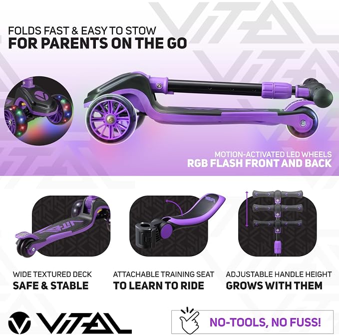 Vital Tyke 3 Wheel Toddler Scooter | LED Wheels, Foldable, Tool-Free Adjustable Handlebar & Removable Seat Scooters for Kids 3-5 and kick Scooters for Kids 5-7 up to 110lbs