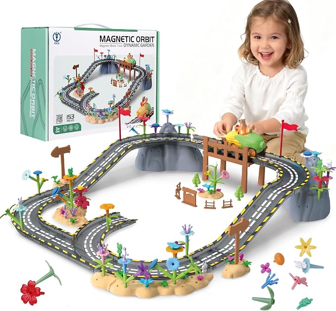 Magnetic Tiles Car Track Set,Flower Garden Building Toys for Toddlers Girls 3-5,Magna Tiles Race Car Tracks DIY Road Games Playset with Bridge for Kids Ages 4-8 Year Old Boy Gift, 153PCS